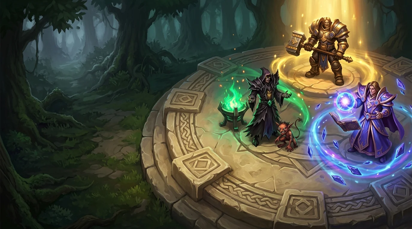 Fan illustration of arcane, fel and holy magic in a talent sanctuary