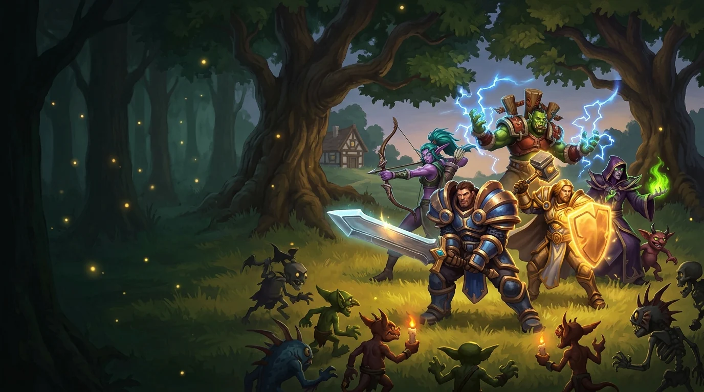 Fan illustration of armored heroes facing a fantasy monster wave